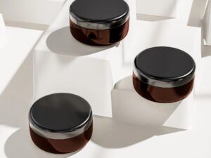 amber plastic Cream jar mockup, brown PET skincare cylindrical Container with black lid, luxury bath and body product Packaging, wide mouth cosmetic facial mask product, body lotion pod mockup