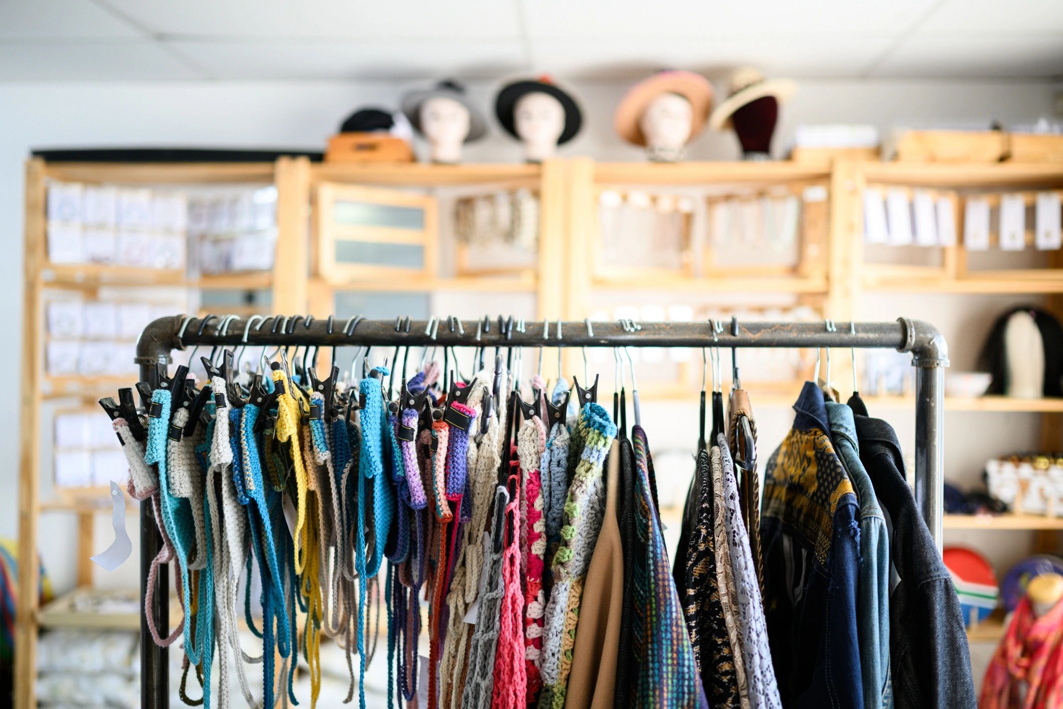 Apparel accessories and garments displayed in retail setting