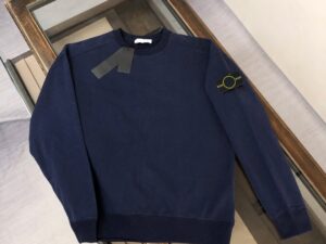 Men's Navy Blue Crew Neck Sweatshirt Stone 100% Cotton Regular Fit Solid Color Left Sleeve Logo Island Casual Pullover Autumn