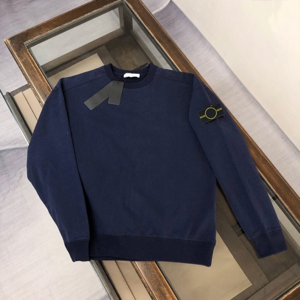 Men's Navy Blue Crew Neck Sweatshirt Stone 100% Cotton Regular Fit Solid Color Left Sleeve Logo Island Casual Pullover Autumn