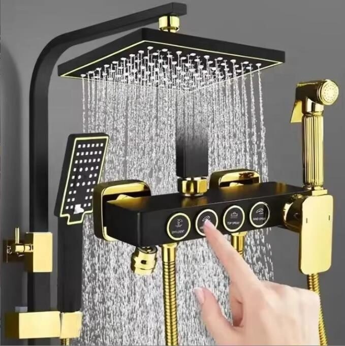Black Gold Wall Mounted Thermostat Shower System Square Rainfall Shower Head & Smart Mixer Set for Luxury Bathroom