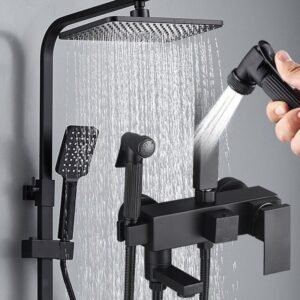 New Arrival Brass 4 Function Bathroom Hot Cold Water Shower Faucet Rainfall High Pressure Matt Black Shower Set