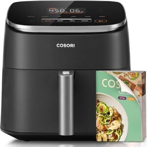 Free Ceramic Coating 90°–450°F, 5 Level Fan Speeds, 9 in 1 Air Fry, Roast, Bake, Broil, Dry, Frozen, Proof, Reheat, Keep Warm, Safety lock, 1725W Visit the Cosori Store